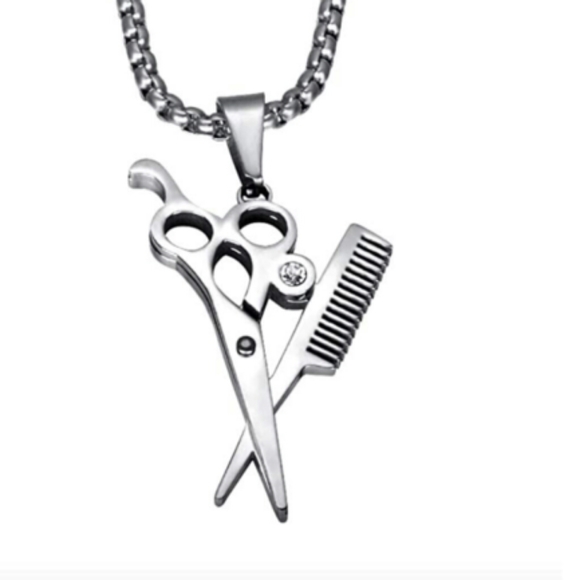 Barber Necklace Barbershop Comb Siscors Silver - Picture 1 of 2